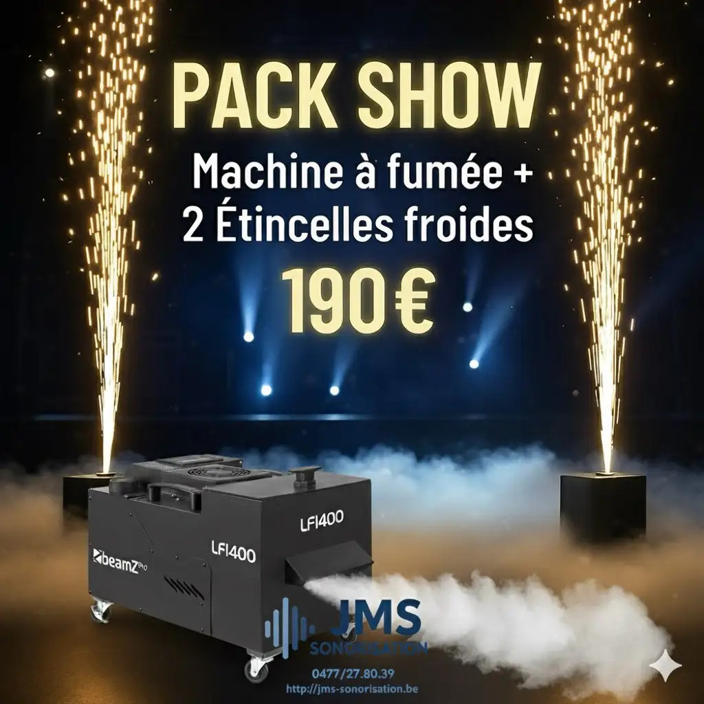 Pack 2 machines à étincelles + machine à fumée lourde